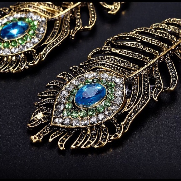 Antique Style Peacock Feather Earrings - Picture 7 of 8